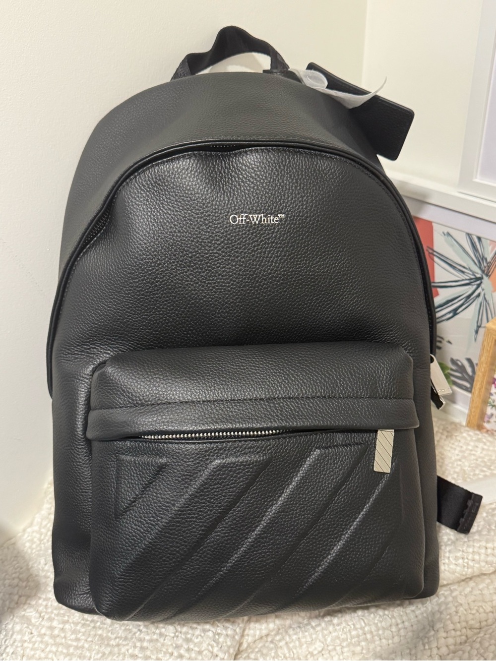 Off-White Black Pebbled Leather Backpack with Diagonal Stitch